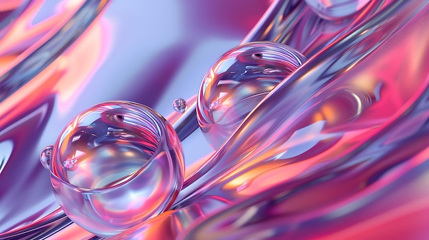 Rendering 3D sfere lucide rosa e viola che galleggiano su uno sfondo astratto vibrante