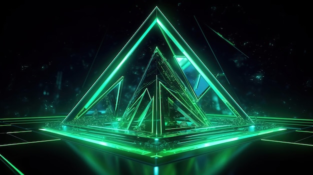 rendering 3d sfondo astratto al neon verde con cristalli Ai generativo