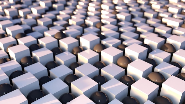 Rendering 3D sfondo astratto Superficie ondulata di cubi e palline disposte in un computer di progettazione a scacchiera generato