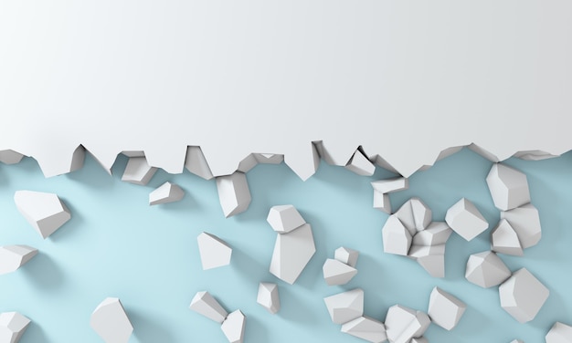 Rendering 3D sfondo bianco che simula un buco nel muro Banner di pietra rotta