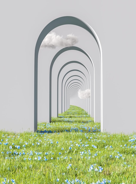 Rendering 3d sfondo bianco della parete ad arco con fiori blu Concetto di design moderno