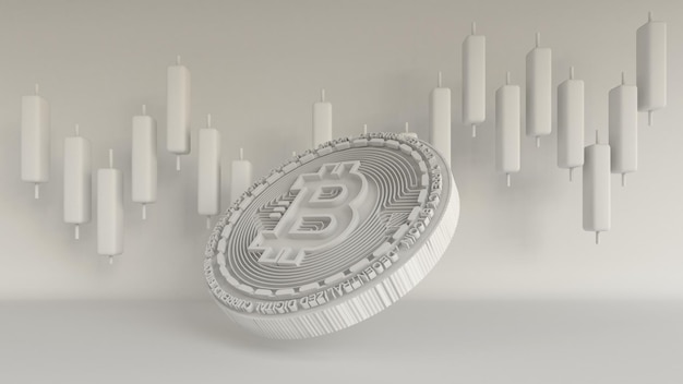 Rendering 3D Sfondo bianco di Bitcoin e candela per criptovaluta per il futuro mondo degli affari dell'economia