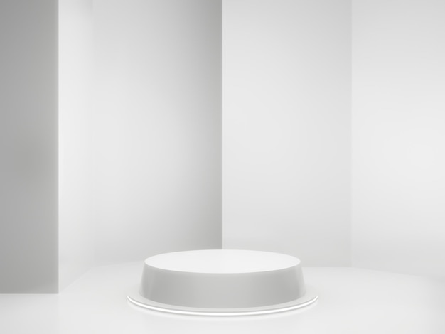 Rendering 3D Sfondo bianco di visualizzazione del prodotto SciFi Podio scientifico con luci al neon bianche