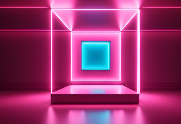 rendering 3d sfondo minimale astratto cornice quadrata con luce al neon blu rosa con spazio per la copia