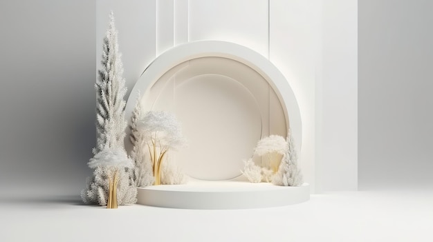 rendering 3D Sfondo Natale bianco con palcoscenico vuoto Generativo Ai