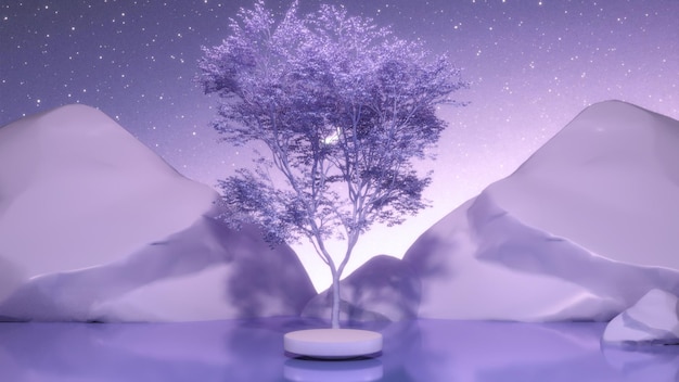 rendering 3D sfondo panoramico astratto Paesaggio fantastico con acqua rocce podio albero e dr