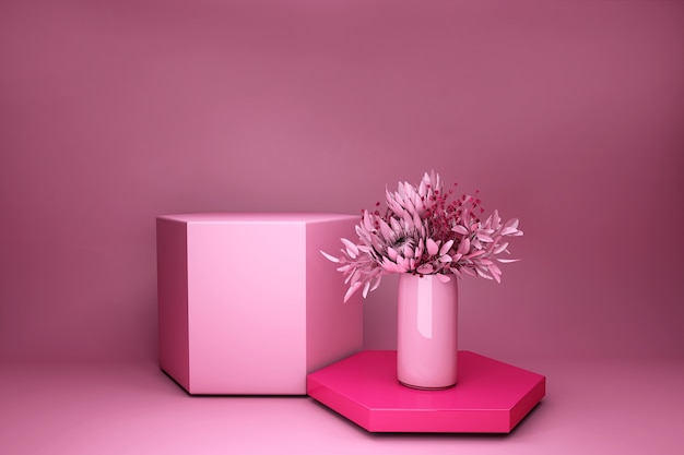 Rendering 3D sfondo rosa. Vaso con fiori, fashion design moderno. Esposizione del prodotto della vetrina del negozio, podio vuoto, piedistallo libero, palco quadrato.