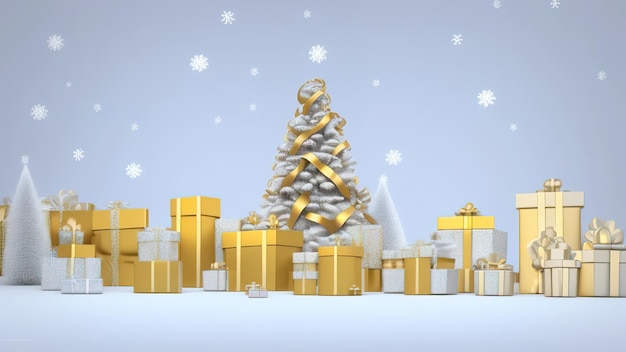 rendering 3D sfondo rosso con ornamenti natalizi palla di vetro vuoto avvolto confezioni regalo Illustrazione di vacanza