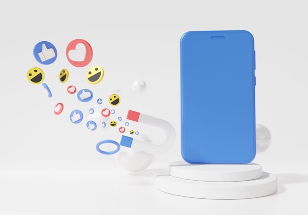 Rendering 3D Smartphone sul magnete del podio che attrae il marketing digitale Concetto online di social media con mostra emoji, cuore, come, sorriso per comunicare digitalmente su sfondo bianco, banner, sito Web