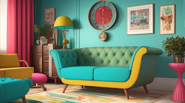 Rendering 3d soggiorno colorato vintage con stile retrò
