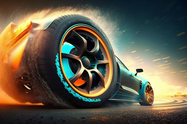 Rendering 3D Sport Car Racing su pista Deriva della ruota dell'auto Genera Ai