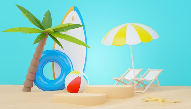 rendering 3d Stand per podio di vendita estiva per mostrare il prodotto Beach Vacations Scene in Summer per mock up