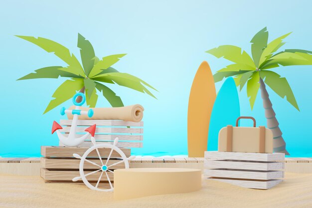 rendering 3d Stand per podio di vendita estiva per mostrare il prodotto Beach Vacations Scene in Summer per mock up