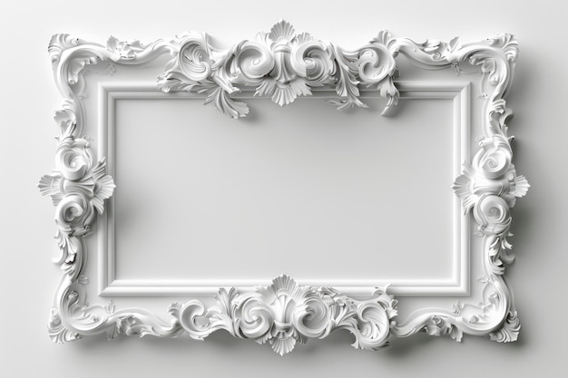 Rendering 3D stravagante di eleganti cornici barocche bianche su uno sfondo bianco surreale Perfetto per l'inserimento di testo o foto Nessuna ombra
