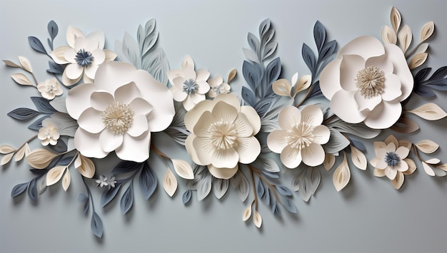 Rendering 3D sullo sfondo floreale con fiori di carta, foglie e perle