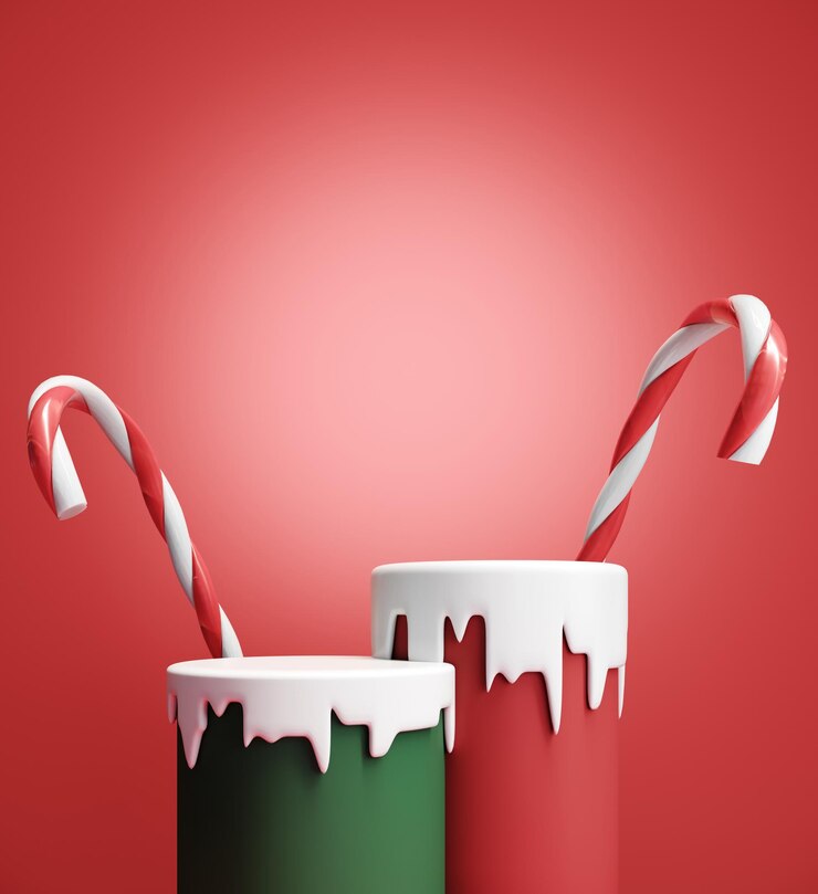 Rendering 3D sullo sfondo natalizio astratto con palle colorate volanti, fiocchi di neve e caramelle