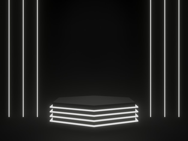 Rendering 3D Supporto prodotto Sci Fi geometrico nero con luce al neon bianca
