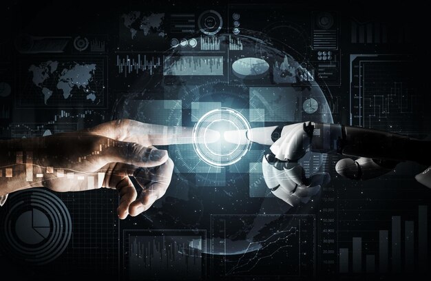 Rendering 3D Sviluppo della tecnologia robotica futuristica intelligenza artificiale AI e concetto di apprendimento automatico Ricerca scientifica bionica robotica globale per la futura vita umana Illustrazione 3D