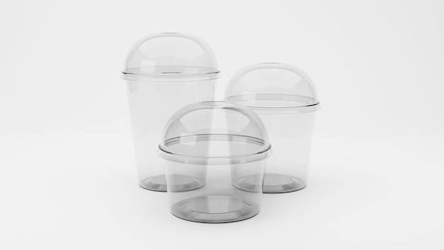 Rendering 3D Tazza di plastica trasparente con coperchio a cupola isolata on white