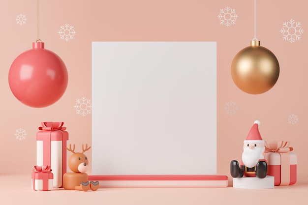 Rendering 3D tela bianca con decorazioni natalizie e Babbo Natale