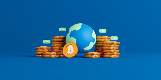 Rendering 3d terra con pile di bitcoin su sfondo blu Illustrazione della criptovaluta concettuale