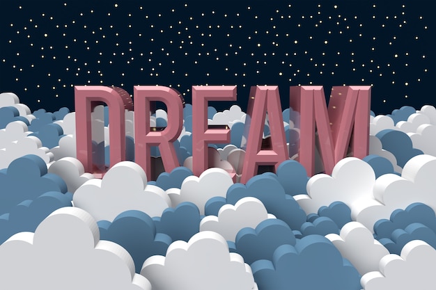 Rendering 3D testo da sogno con nuvole bianche e blu