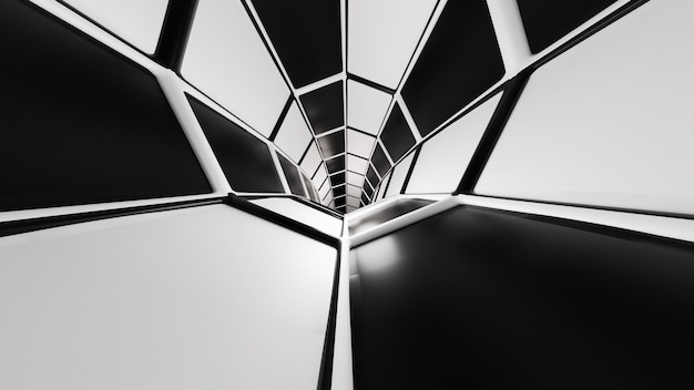 Rendering 3D tunnel di fantascienza in bianco e nero astratto sfondo scuro