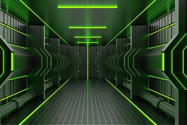 Rendering 3D Tunnel High Tech Technology SciFi verde e nero