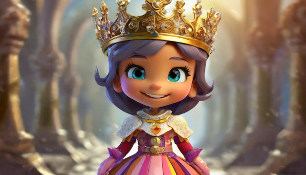 Rendering 3D Un primo piano di un personaggio dei cartoni animati con un vestito e una corona