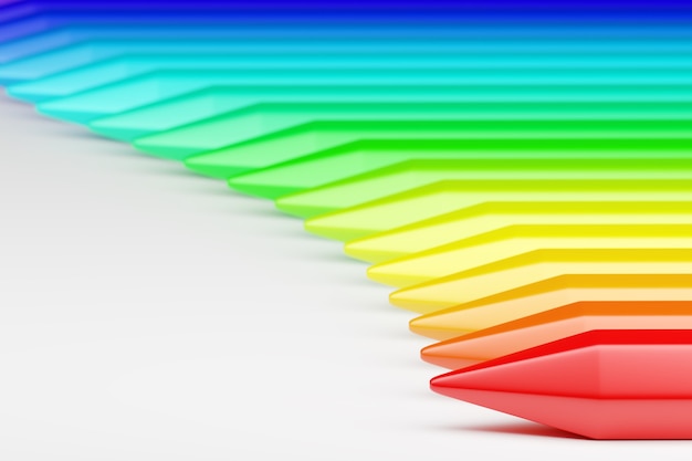 Rendering 3D una serie di matite colorate arcobaleno anche bello su uno sfondo bianco isolato.