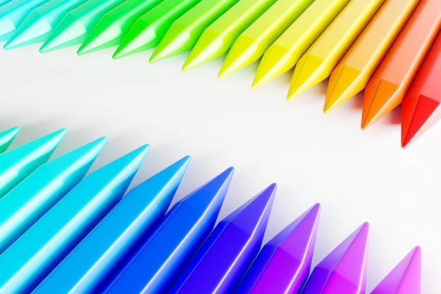 Rendering 3D una serie di matite colorate arcobaleno anche bello su uno sfondo bianco isolato.