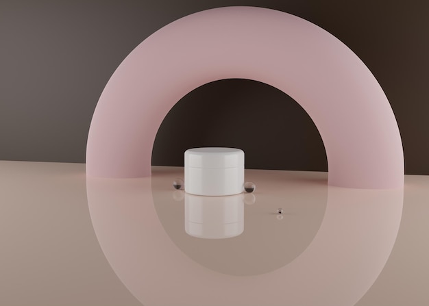 rendering 3d vasetto bianco per cosmetici su sfondo beige con palline di vetro. vaso 3d