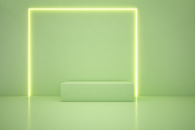 rendering 3D verde Podio e linea di illuminazione sfondo verde. concetto minimalista