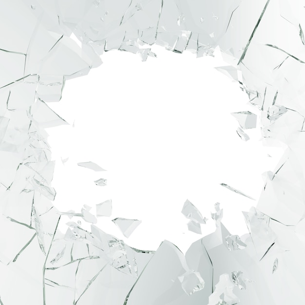 Rendering 3D Vetro rotto, illustrazione astratta in pezzi isolati su bianco