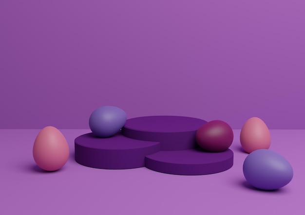 Rendering 3D viola del prodotto a tema pasquale espositore per podio composizione uova colorate minime