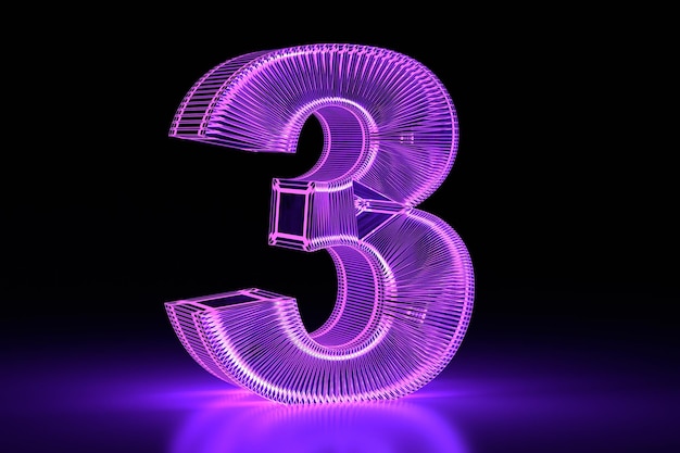 Rendering 3D volumetrico al neon numero tre Purple Digital design 3D