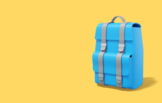 rendering 3d Zaino turistico blu realistico su sfondo giallo con spazio per il testo Bagagli da viaggio