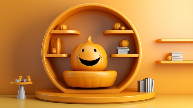 Rendering 3D Zucca 3D per Halloween sorridente e stand prodotto vuoto Podio espositivo in ombra