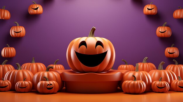 Rendering 3D Zucca 3D per Halloween sorridente e stand prodotto vuoto Podio espositivo in ombra