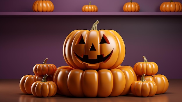 Rendering 3D Zucca 3D per Halloween sorridente e stand prodotto vuoto Podio espositivo in ombra