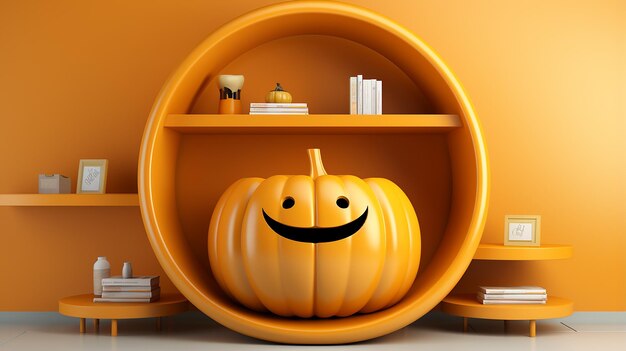 Rendering 3D Zucca 3D per Halloween sorridente e stand prodotto vuoto Podio espositivo in ombra