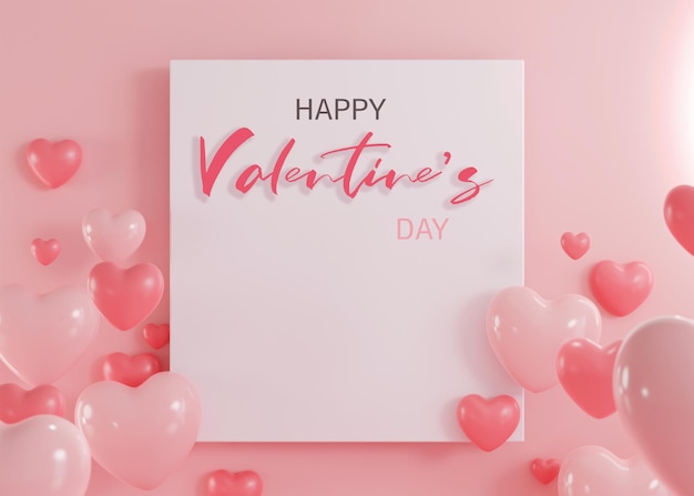 Rendering 3dBanner di San Valentino con palloncini a forma di cuore Banner di illustrazione delle vacanze per il design del giorno di San Valentino e della madre