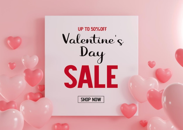 Rendering 3dBanner di San Valentino con palloncini a forma di cuore Banner di illustrazione delle vacanze per il design del giorno di San Valentino e della madre