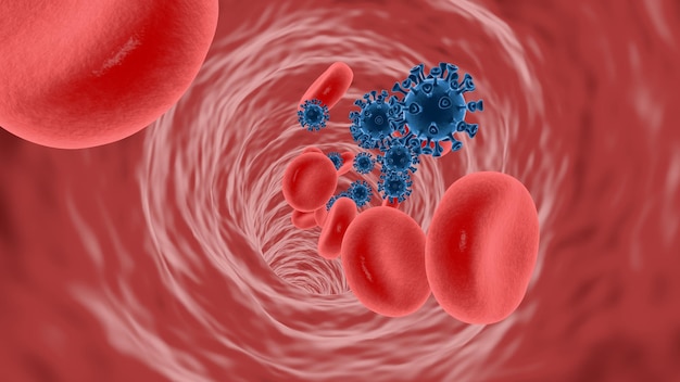 Rendering 3DCoronavirus e globuli fluiscono nei vasi sanguigni