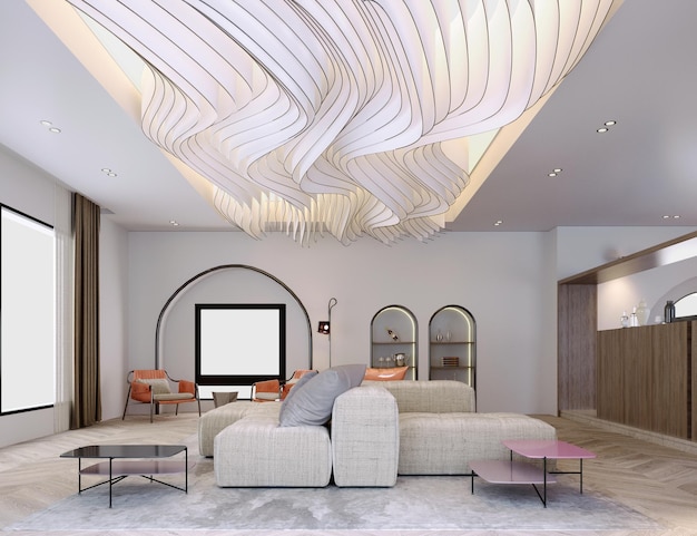 rendering 3dillustrazione 3d Interior Scene and Mockupliving room modern style ceiling decorationgeometric sofabeige white tone