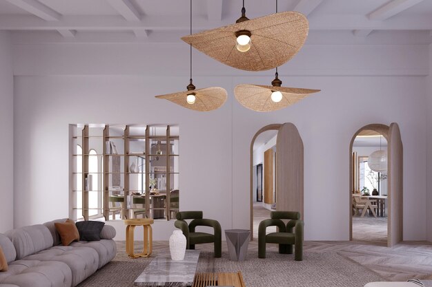 Rendering 3DIllustrazione 3D Interior Scene and MockupSoggiorno in stile scandinavoarredato con bracieri e lampadari