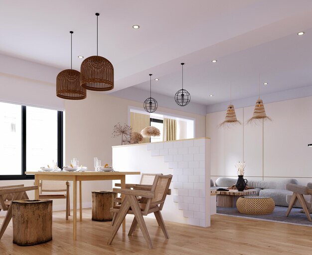 Rendering 3DIllustrazione 3D Interior Scene e MockupInterni soggiorno e cucinaparete in stile scandinavo bianco e beige