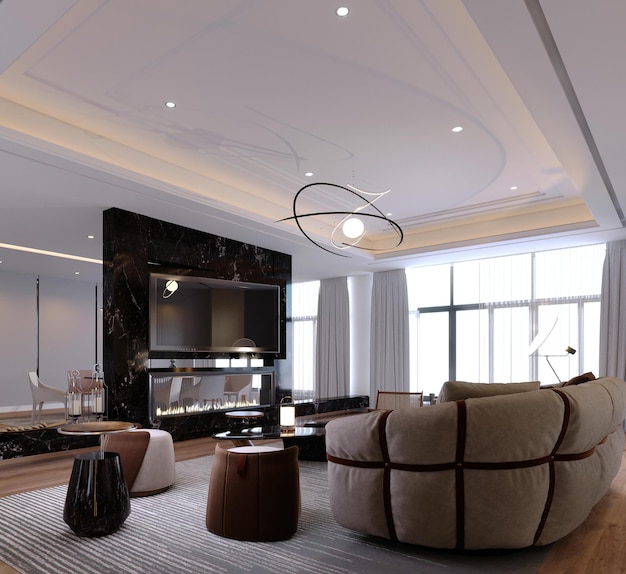 rendering 3dillustrazione 3d Interior Scene e Mockupliving room in stile moderno con concetto un caminetto in marmoparete tv in marmo