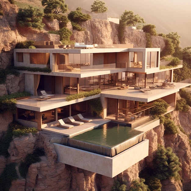 Rendering architettonico 3D della casa di cliff villa