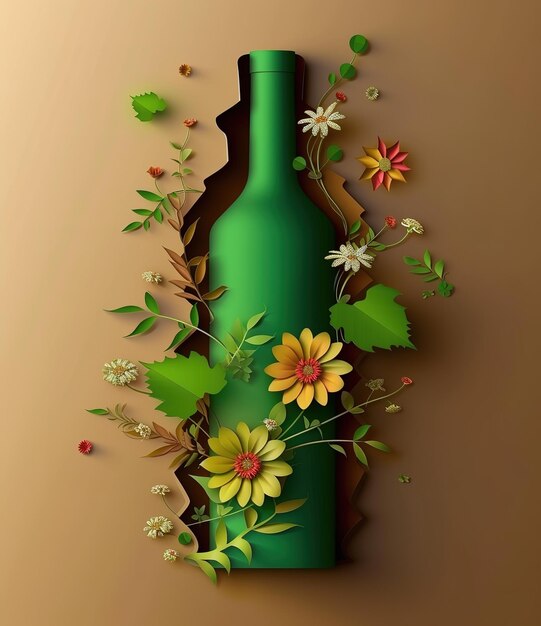 Rendering artistico di una bottiglia decorata con fiori vivaci e lussureggiante vegetazione.